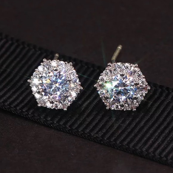 Sterling Silver hexagon CZ Earrings - Picture 4 of 7